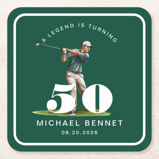 グリーン・スポーツゴルフの50歳の誕生日ギフト スクエアペーパーコースター (正面)