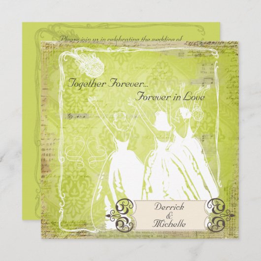 グリーン·ダマスクが花束の結婚式への招待を放る 招待状 (正面/裏面)