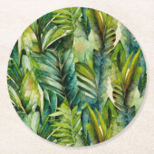 グリーン&ティール（緑がかった色）ウォーターカラートロピカルパーム葉ズ ラウンドペーパーコースター (正面)