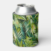 グリーン&ティール（緑がかった色）ウォーターカラートロピカルパーム葉ズ 缶クーラー (缶正面)