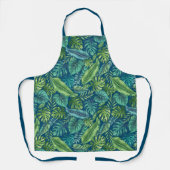 グリーン&ティール(緑がかった色)トロピカルパームバナナモンステラ葉ズ エプロン (正面)