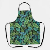 グリーン&ティール（緑がかった色）トロピカルパームバナナモンステラ葉ズ エプロン (正面)
