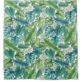 グリーン&ティール（緑がかった色）トロピカルパームバナナモンステラ葉ズ シャワーカーテン (正面)