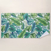 グリーン&ティール（緑がかった色）トロピカルパームバナナモンステラ葉ズ ビーチタオル (正面)