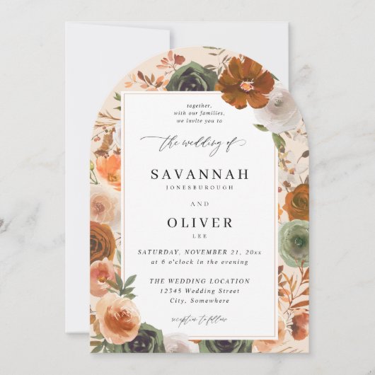 グリーン&テラコッタ結婚フローラズS2 VLN – アーチベ 招待状 (正面)