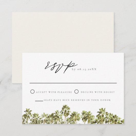 グリーン トロピカル ウォーターカラー パーム ツリー ビーチ RSVP 招待状 (正面/裏面)