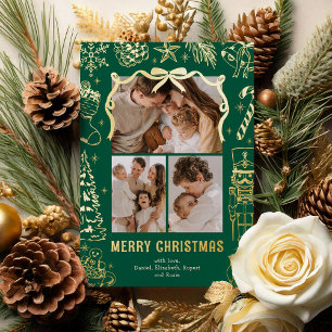 グリーン・ドゥードル 3 枚の写真 クリスマス ゴールド 箔シーズンカード