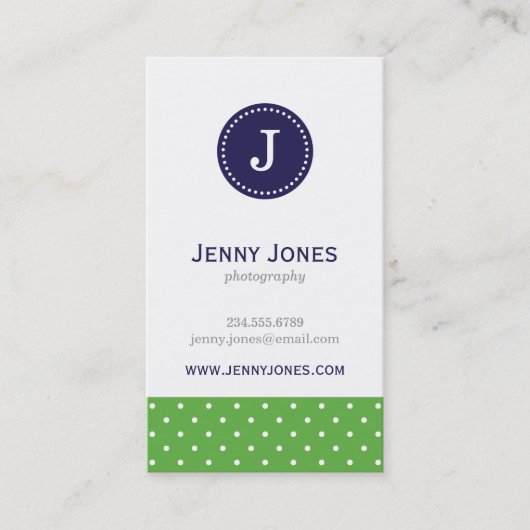 グリーン&ネイビーブルーキュート水玉模様モノグラム 名刺 (正面)