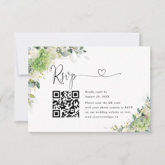 グリーン+ハイドランジアの結婚式ウェブサイトQRコードRSVP 出欠カード (正面)
