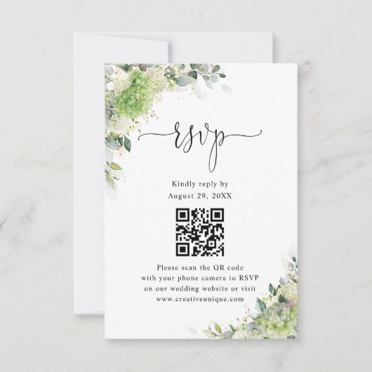 グリーン+ハイドランジアの結婚式ウェブサイトQRコードRSVP 出欠カード (正面)