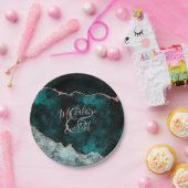 グリーン&バラ金ゴールドアガテマーブルズモノグラム ペーパープレート (パーティー)