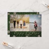 グリーン&バラ金ゴールドスノーフレーク写真ハッピーホリデー カード (正面/裏面インサイチュ)