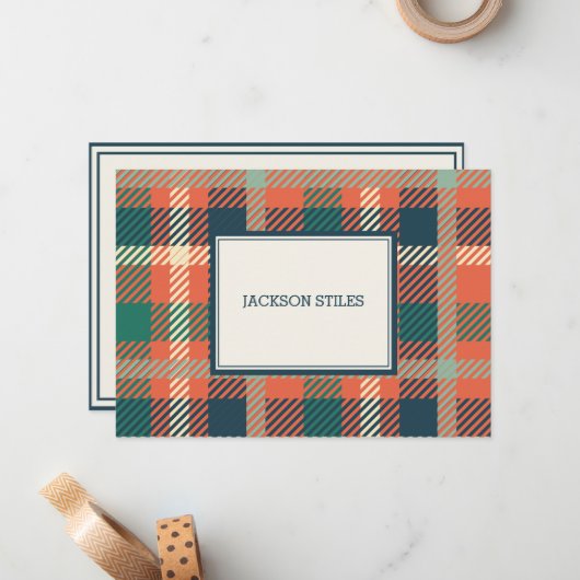 グリーン&バーンドオレンジタータンチェックフラットノートカード ノートカード (正面/裏面インサイチュ)