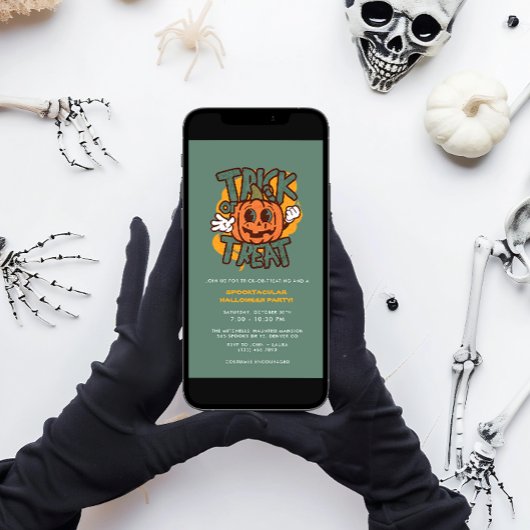 グリーン&パンプキントリックまたはトリートハローウィンパーティ 招待状