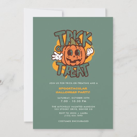 グリーン&パンプキントリックまたはトリートハローウィンパーティ 招待状 (正面)