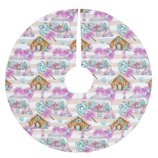 グリーン&パープルクリスマスキャンディ&ハウス ブラッシュドポリエステルツリースカート (正面)