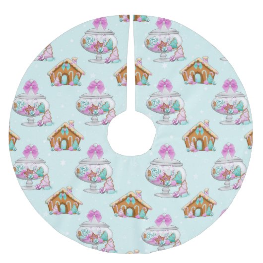 グリーン&パープルクリスマスキャンディ&ハウス ブラッシュドポリエステルツリースカート (正面)