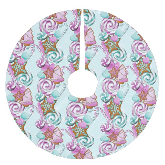 グリーン&パープルクリスマスクッキー&キャンディ ブラッシュドポリエステルツリースカート (正面)