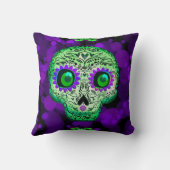 グリーン&パープルシュガースカル白熱［赤熱］光を放つハロウィーン クッション (裏面)