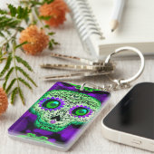 グリーン&パープルシュガー白熱［赤熱］光を放つスカルハロウィーン キーホルダー (正面右)