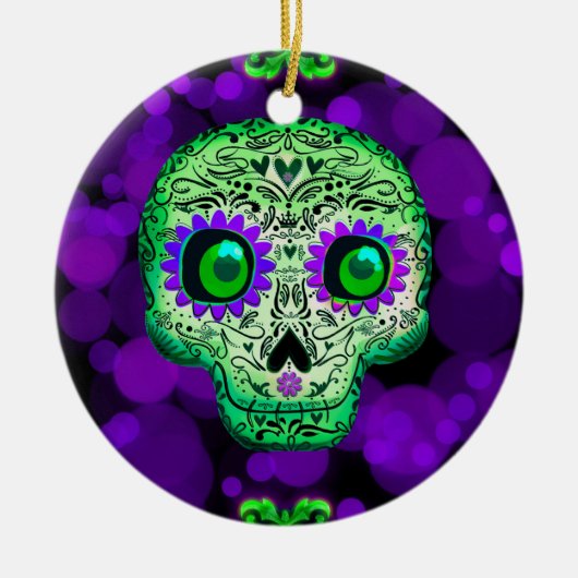 グリーン&パープルシュガー白熱［赤熱］光を放つスカルハロウィーン セラミックオーナメント (正面)