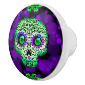 グリーン&パープルシュガー白熱［赤熱］光を放つスカルハロウィーン セラミックノブ (右)