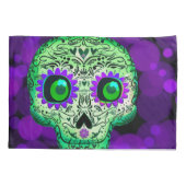 グリーン&パープルシュガー白熱［赤熱］光を放つスカルハロウィーン 枕カバー (裏面)