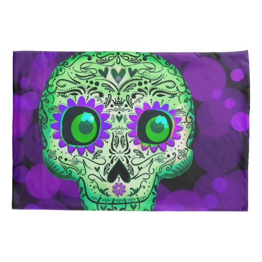 グリーン&パープルシュガー白熱［赤熱］光を放つスカルハロウィーン 枕カバー (裏面)