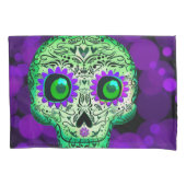 グリーン&パープルシュガー白熱［赤熱］光を放つスカルハロウィーン 枕カバー (正面)