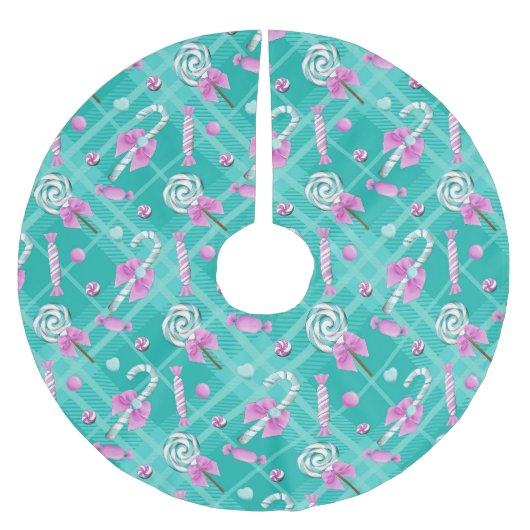 グリーン&パープルホリデー棒つきキャンデー&キャンディ ブラッシュドポリエステルツリースカート (正面)