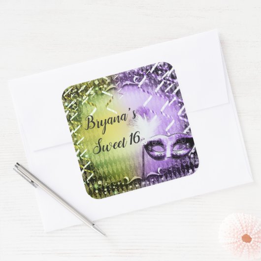 グリーン&パープルマスカレードマスクマルディグラスパーティー スクエアシール (封筒)