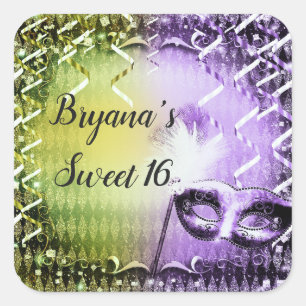 グリーン&パープルマスカレードマスクマルディグラスパーティー スクエアシール