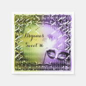 グリーン&パープルマスカレードマスクマルディグラスパーティー スタンダードカクテルナプキン (正面)