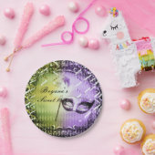 グリーン&パープルマスカレードマスクマルディグラスパーティー ペーパープレート (パーティー)