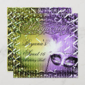 グリーン&パープルマスカレードマスクマルディグラスパーティー 招待状 (正面/裏面)