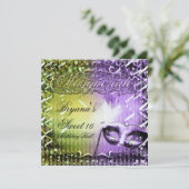 グリーン&パープルマスカレードマスクマルディグラスパーティー 招待状 (スタンド正面)