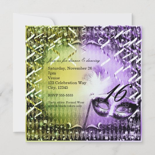 グリーン&パープルマスカレードマスクマルディグラスパーティー 招待状 (裏面)