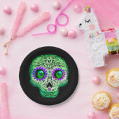 グリーン&パープル白熱［赤熱］光を放つシュガースカルブラックハロウィーン ペーパープレート (パーティー)