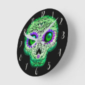 グリーン&パープル白熱［赤熱］光を放つシュガースカルブラックハロウィーン ラウンド壁時計 (傾斜)