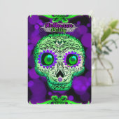 グリーン&パープル白熱［赤熱］光を放つスカルハローウィンパーティ 招待状 (スタンド正面)