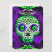 グリーン&パープル白熱［赤熱］光を放つスカルハローウィンパーティ 招待状 (正面)