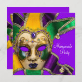 グリーン パープル ゴールド マスカレード パーティー ご招待 招待状 (正面/裏面)