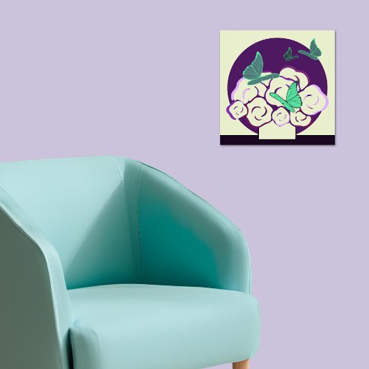 グリーン パープル フラワーバスケット & 蝶の広場 ポスター