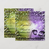 グリーン & パープル マスケレード マスク マーディ グラス パーティー 招待状 (正面/裏面)
