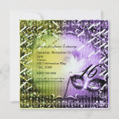 グリーン & パープル マスケレード マスク マーディ グラス パーティー 招待状 (裏面)