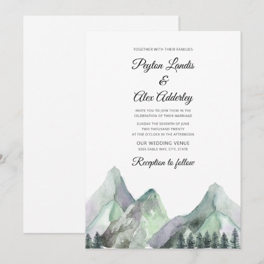 グリーン パープル 水彩 山 結婚式 招待状 (正面/裏面)