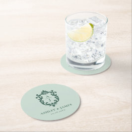グリーン ビンテージ 豊かな装飾のクレスト ウェディング ラウンドペーパーコースター