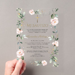 グリーン・ピンクのフラワー スペインの洗礼式（Mi Bautizo Baptism） アクリル招待状