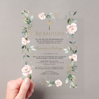 グリーン・ピンクのフラワー スペインの洗礼式(Mi Bautizo Baptism) アクリル招待状