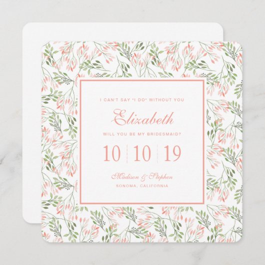 グリーン&ピンクの植物用水彩-ブリデスメイド 招待状 (正面/裏面)